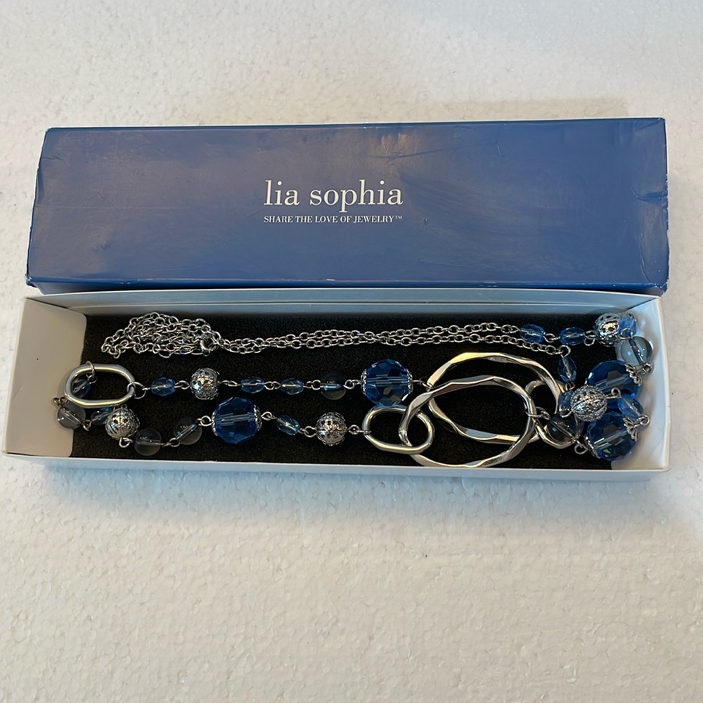 Lia Sophia Airess necklace, Silvertone chain blue crystals clear beads women’s